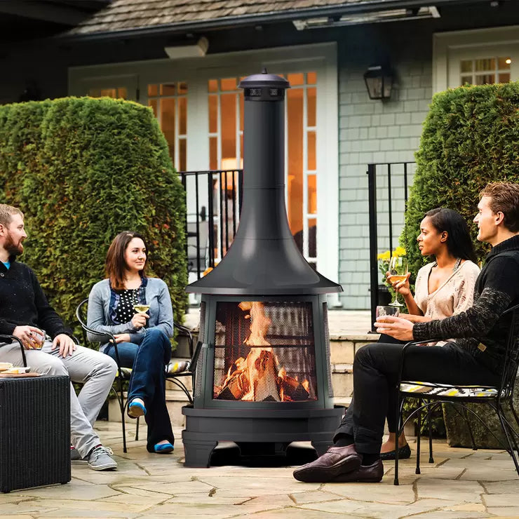 Outdoor Steel Chiminea Fireplace with Cooking Grill in Black