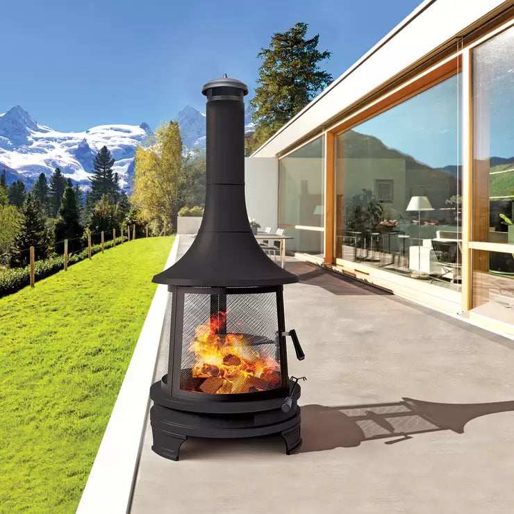 Outdoor Steel Chiminea Fireplace with Cooking Grill in Black