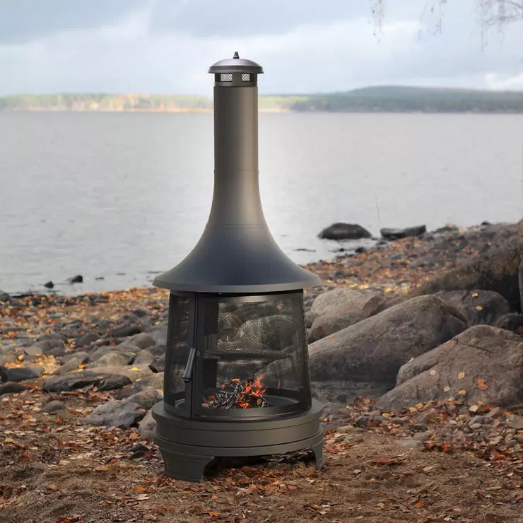 Outdoor Steel Chiminea Fireplace with Cooking Grill in Black