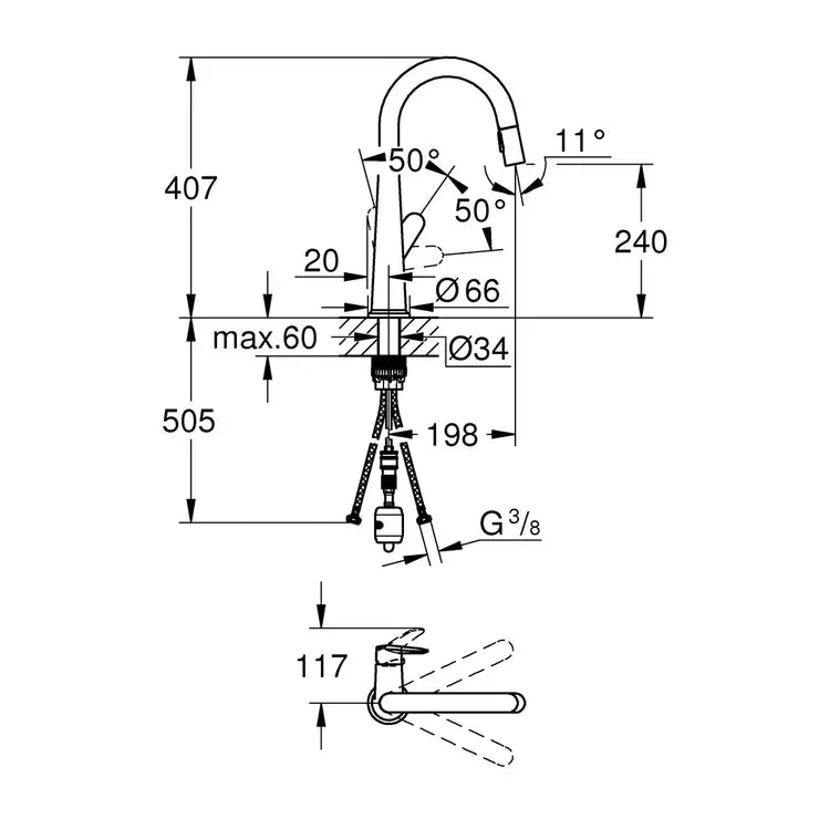 GROHE Veletto C-Spout Dual Spray Pull Out Tap