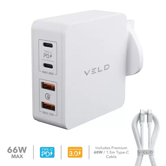 VELD Super-Fast Max 66W 4 Port Wall Charger with 1.5m Super-Fast 60W Type-C to Type-C Cable