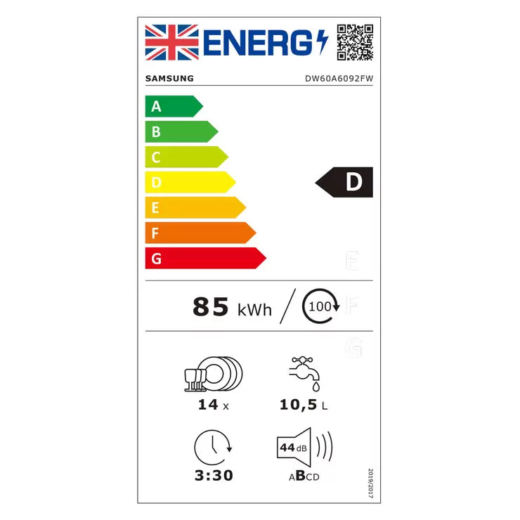 Samsung DW60A6092FW/EU, 14 Place Setting Dishwasher, D Rated in White