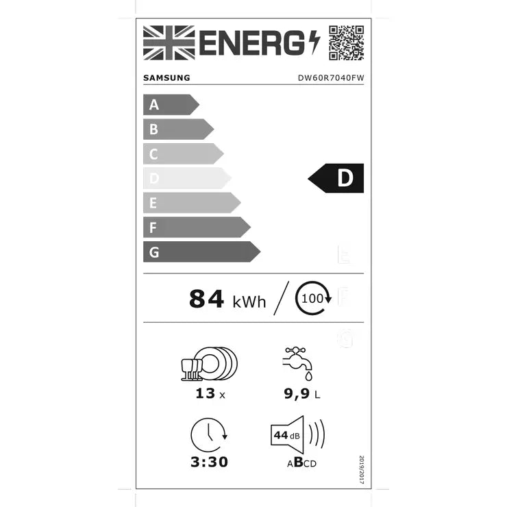 Samsung DW60R7040FW/EU, 13 Place Setting Dishwasher, D Rated in White