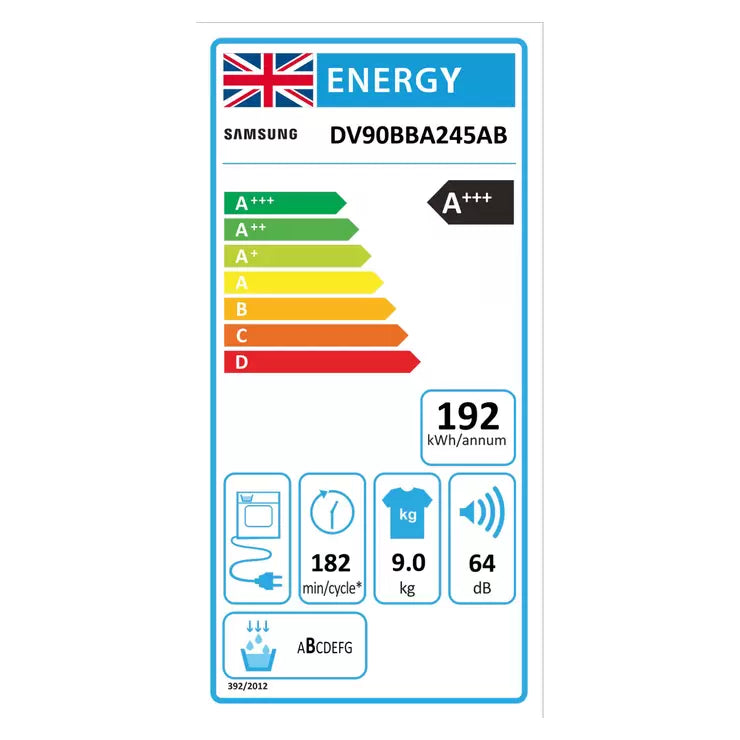 Samsung DV90BBA245AB/EU, 9kg, Heat Pump Tumble Dryer, A+++ Rated in Black