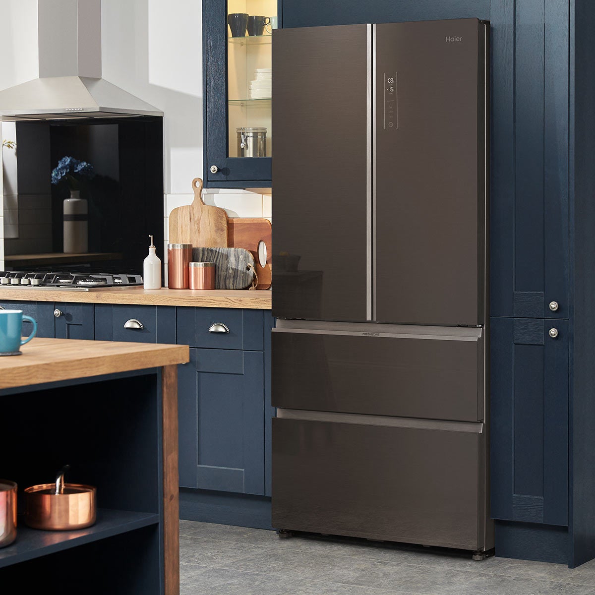 Haier HB18FGSAAA, Multidoor Fridge Freezer E Rated in Titanium Steel