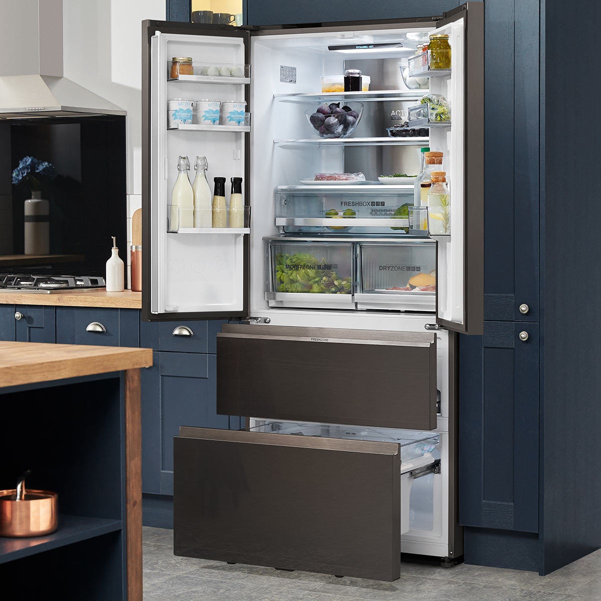 Haier HB18FGSAAA, Multidoor Fridge Freezer E Rated in Titanium Steel
