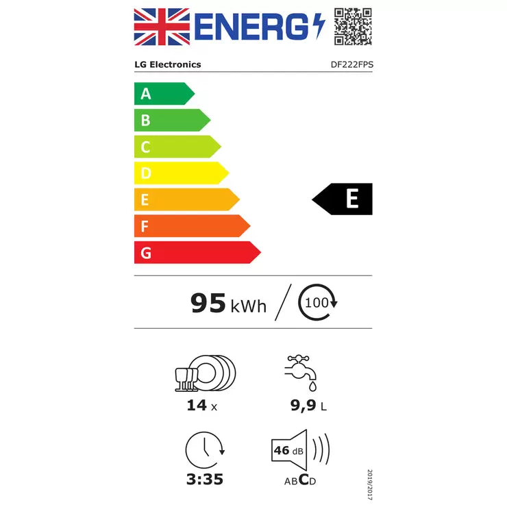 LG DF222FPS, 14 Places Setting, TrueSteam™, QuadWash™ Dishwasher, E Rated in Stainless Steel
