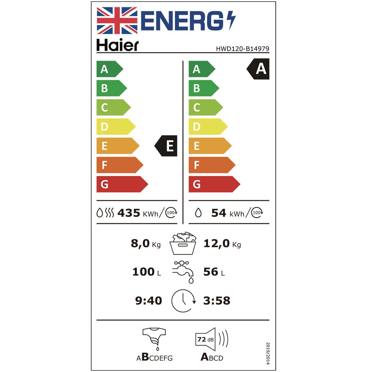 Haier HWD120-B14979, 12/8kg, 1400rpm Washer Dryer, E Rated in White