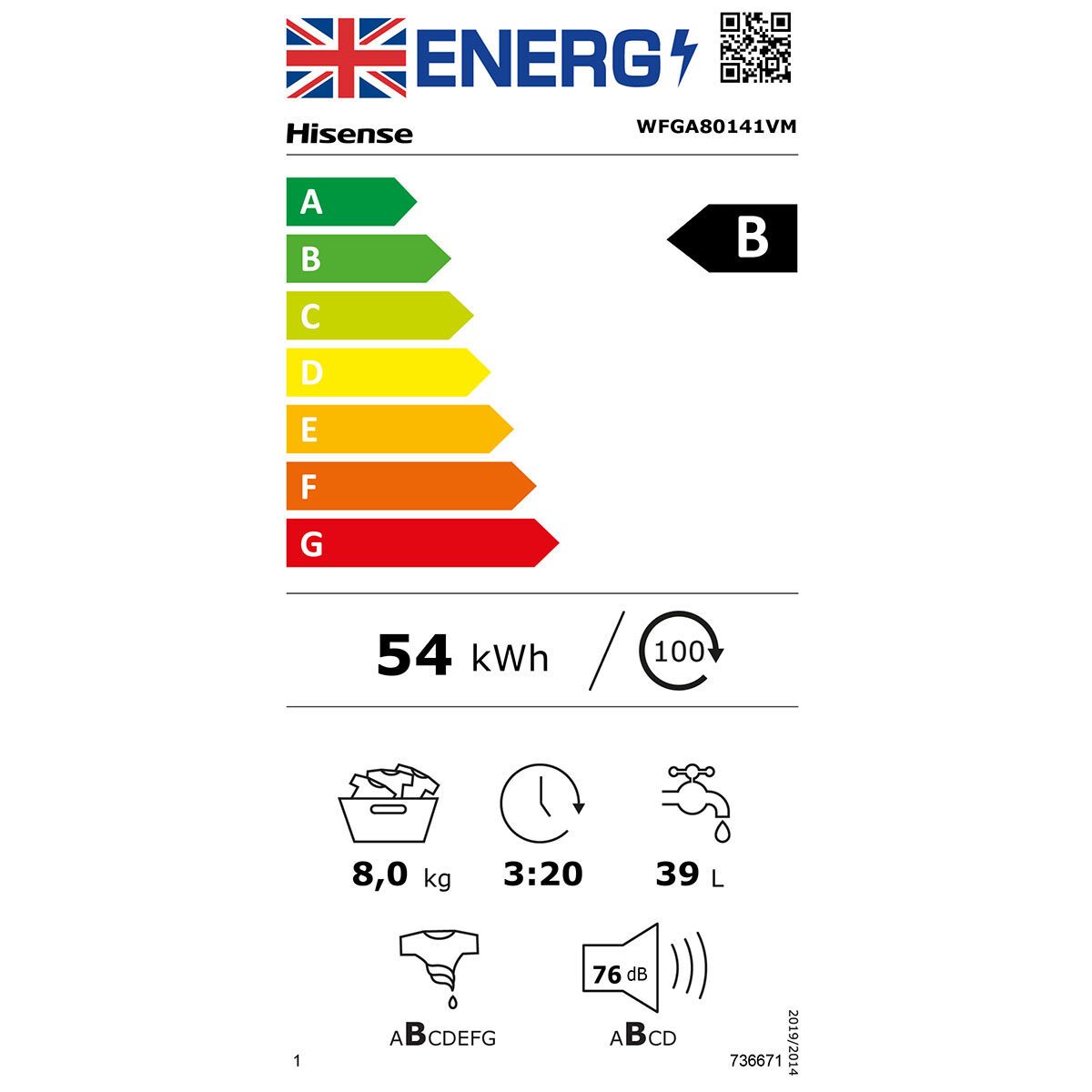Hisense WFGA80141VM, 8kg, 1400rpm Washing Machine, B Rated in White