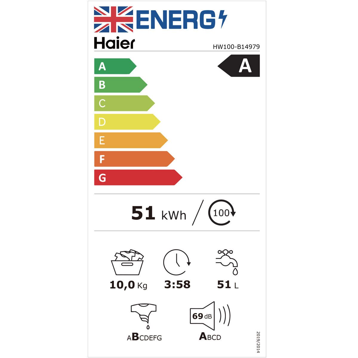 Haier I-Pro 7 Series HW100-B14979, 10kg, 1400rpm Washing Machine A Rated in White