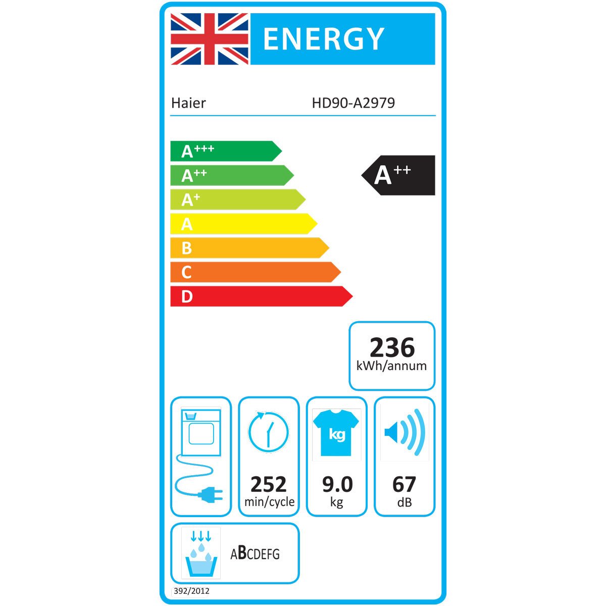 Haier HD90-A2979, 9kg Heat Pump Tumble Dryer, A++ Rated in White