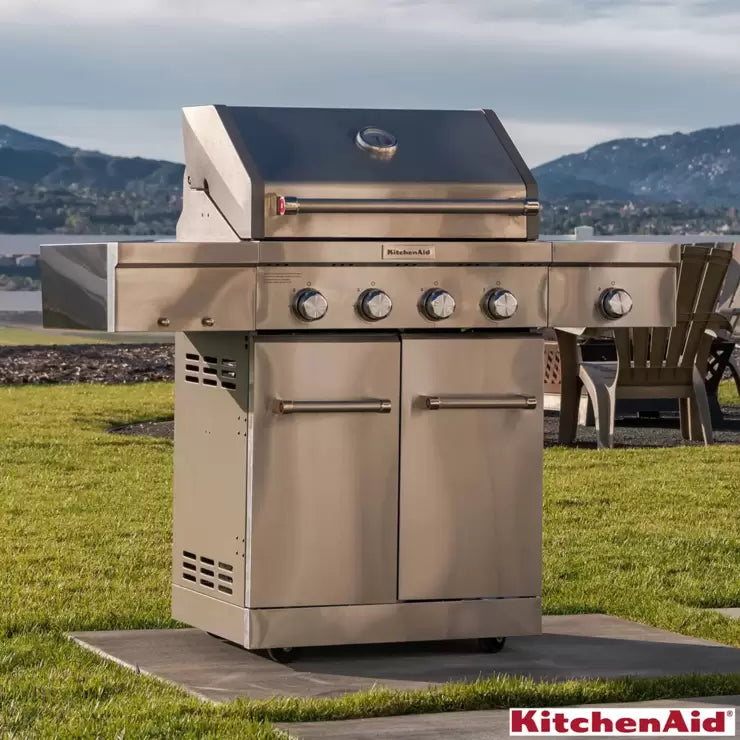 KitchenAid 4 Burner Stainless Steel Gas Barbecue Grill With Side Burner + Cover