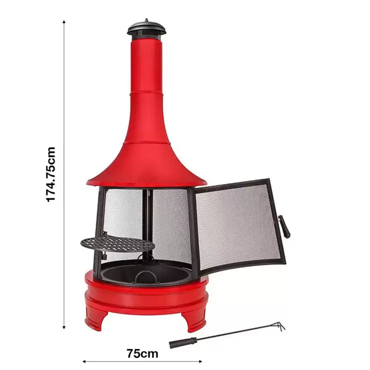 Outdoor Steel Chiminea Fireplace with Cooking Grill in Red