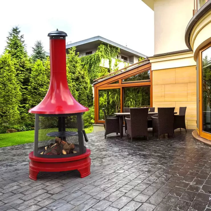 Outdoor Steel Chiminea Fireplace with Cooking Grill in Red