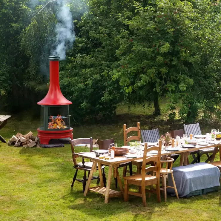 Outdoor Steel Chiminea Fireplace with Cooking Grill in Red