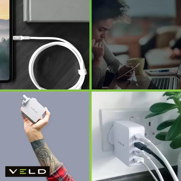 VELD Super-Fast Max 66W 4 Port Wall Charger with 1.5m Super-Fast 60W Type-C to Type-C Cable