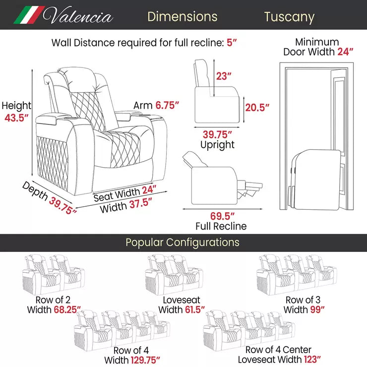 Valencia Tuscany Black Leather Power Reclining Home Theatre Chair