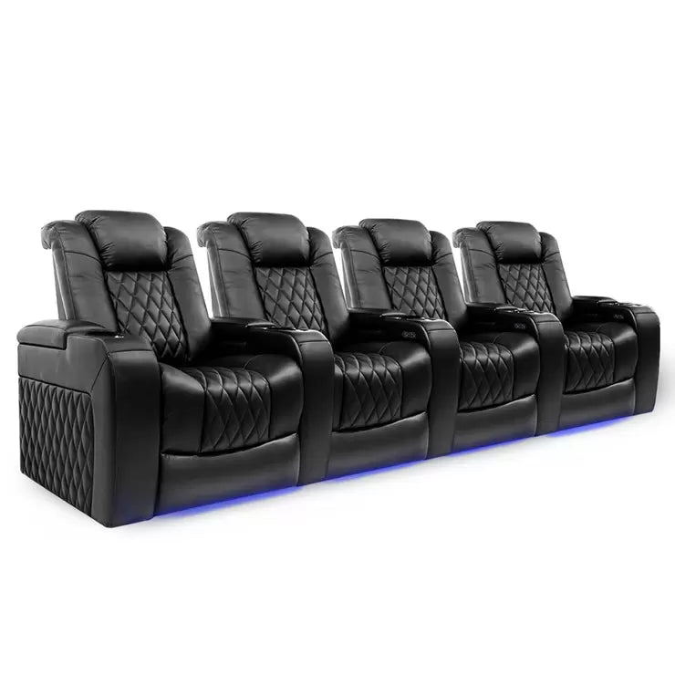 Valencia Tuscany Row of 4 Black Leather Power Reclining Home Theatre Seating