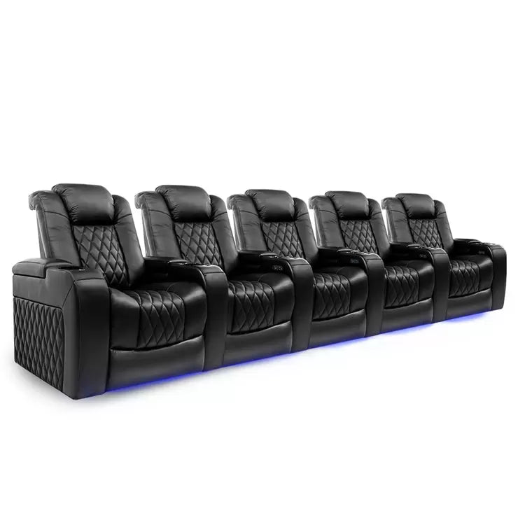 Valencia Tuscany Row of 5 Black Leather Power Reclining Home Theatre Seating