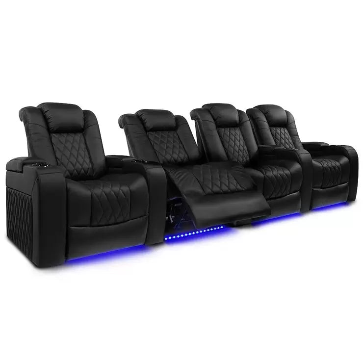 Valencia Tuscany Row of 4 Black Leather Power Reclining Home Theatre Seating with Sofa Centre