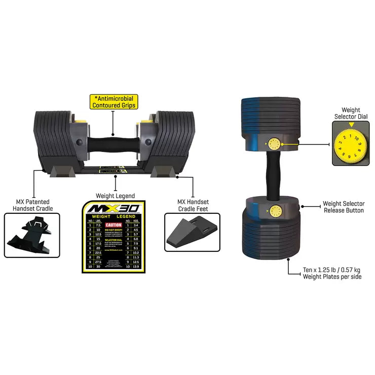 MX SELECT MX30 Adjustable Dumbbells 3.4-13.9kg with Weight Cradles