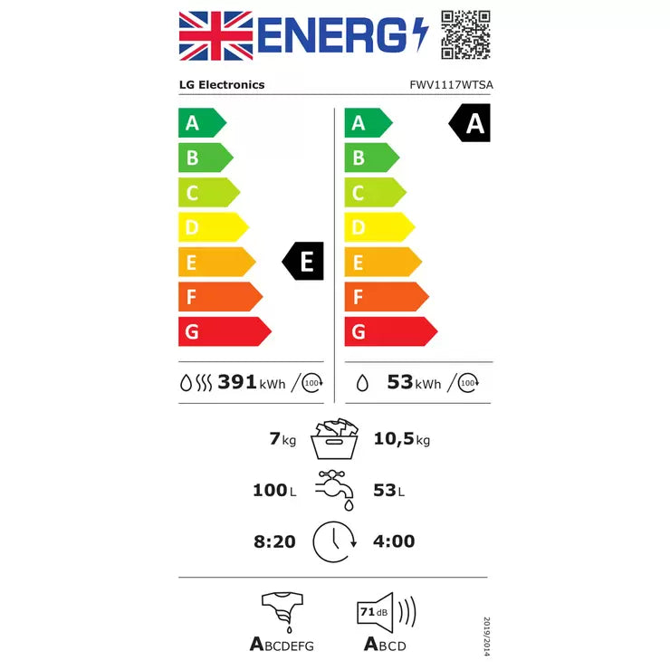 LG FWV1117WTSA, 10.5/7kg, 1400rpm, Washer Dryer, E Rated in White