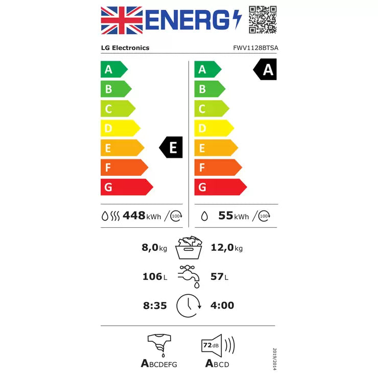 LG FWV1128BTSA, 12/8kg, 1400rpm, Washer Dryer, E Rated in Black Steel