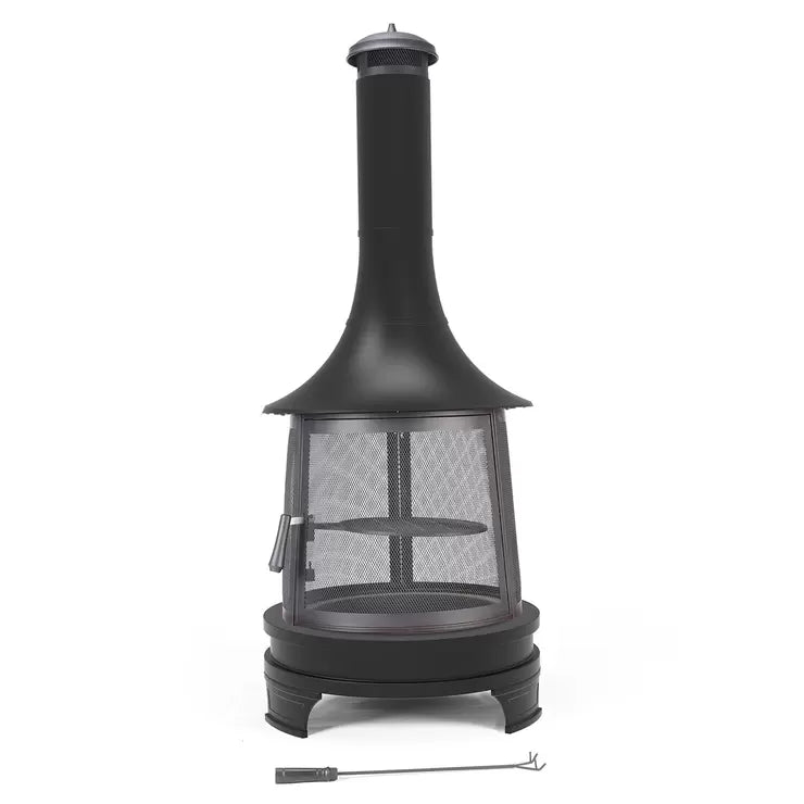 Outdoor Steel Chiminea Fireplace with Cooking Grill in Black