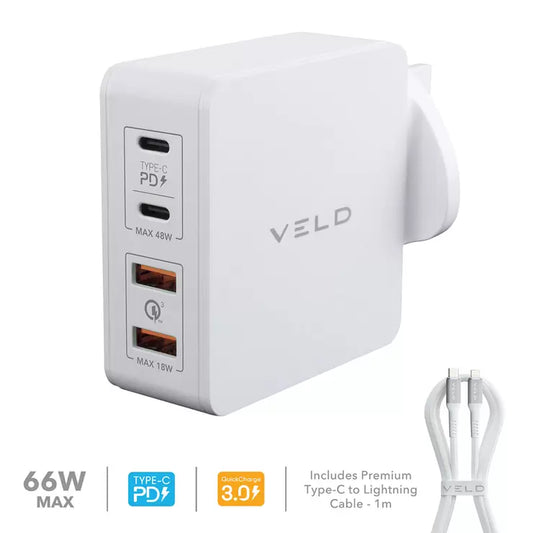 VELD Super-Fast Max 66W 4 Port Wall Charger with 1m Super-Fast Lightning Cable