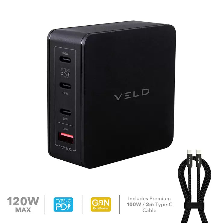 VELD Super-Fast 120W 4 Port GaN Desktop Charger with 2m Type-C 100W E-cable