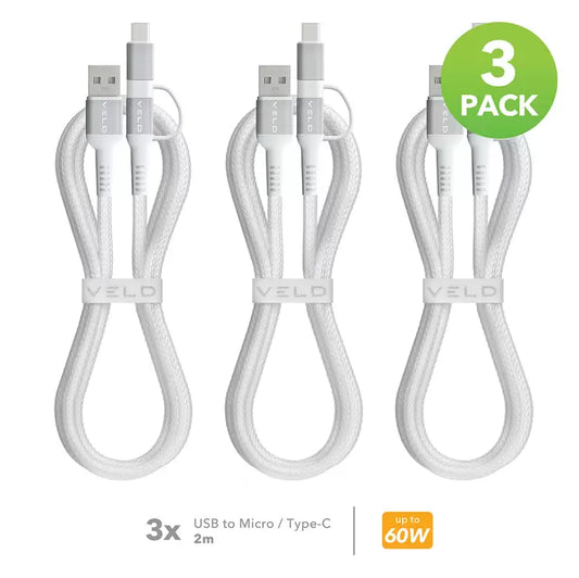 Veld Super-Fast 2m USB to Type-C/Micro USB Cables - 3 Pack