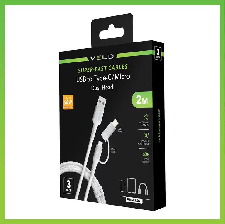 Veld Super-Fast 2m USB to Type-C/Micro USB Cables - 3 Pack