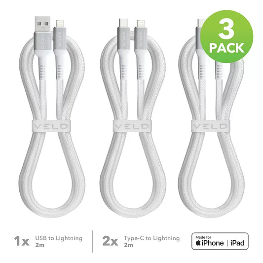 Veld Super-Fast 2m Lightning Cables - 3 Pack (1x USB-A to Lightning & 2x Type-C to Lightning)