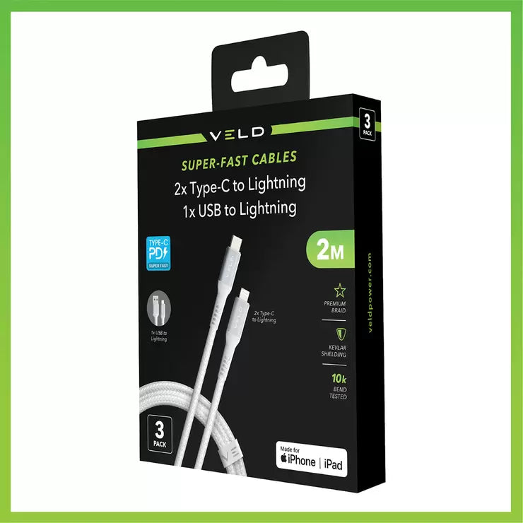 Veld Super-Fast 2m Lightning Cables - 3 Pack (1x USB-A to Lightning & 2x Type-C to Lightning)