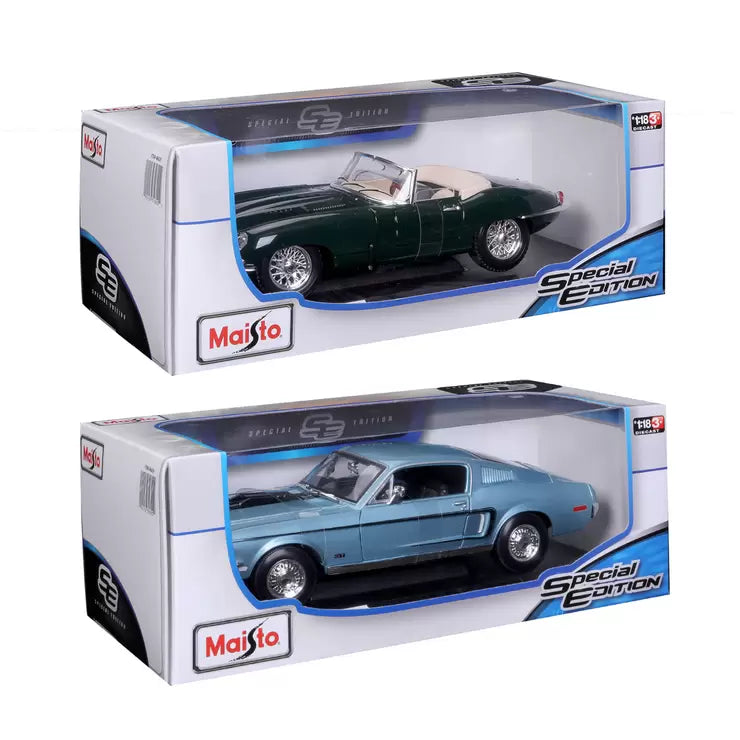 Maisto 1:18 Scale Highly Detailed Die Cast Vehicles: Jaguar E-type Cabriolet & 1968 Ford Mustang GT Cobra Jet - 2 Pack (3+ Years)