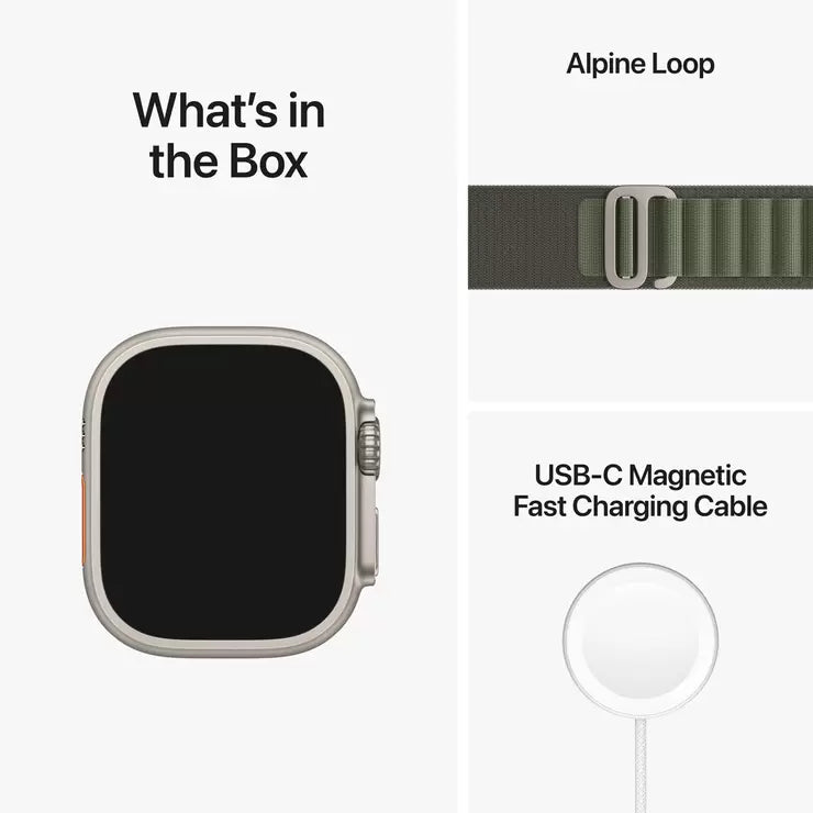Apple Watch Ultra GPS + Cellular, 49mm Titanium Case with Green Alpine Loop - Small, MNHJ3B/A