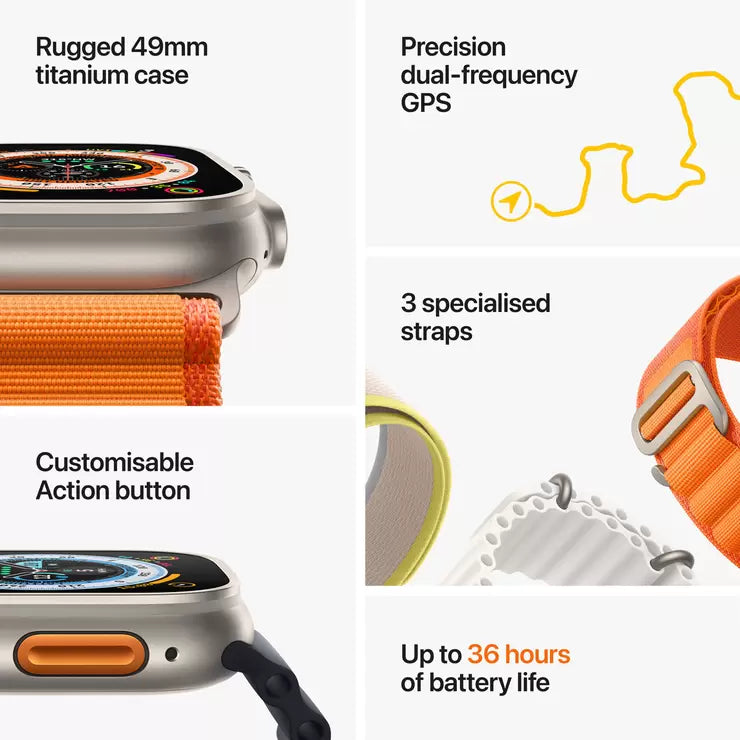 Apple Watch Ultra GPS + Cellular, 49mm Titanium Case with Orange Alpine Loop - Small, MNHH3B/A