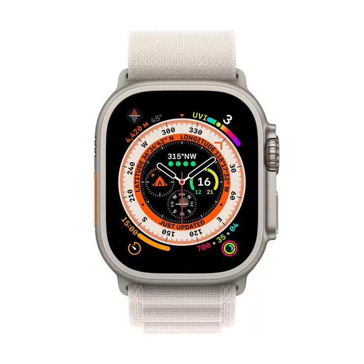 Apple Watch Ultra GPS + Cellular, 49mm Titanium Case with Starlight Alpine Loop - Medium, MQFR3B/A