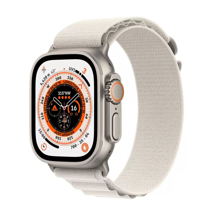 Apple Watch Ultra GPS + Cellular, 49mm Titanium Case with Starlight Alpine Loop - Medium, MQFR3B/A