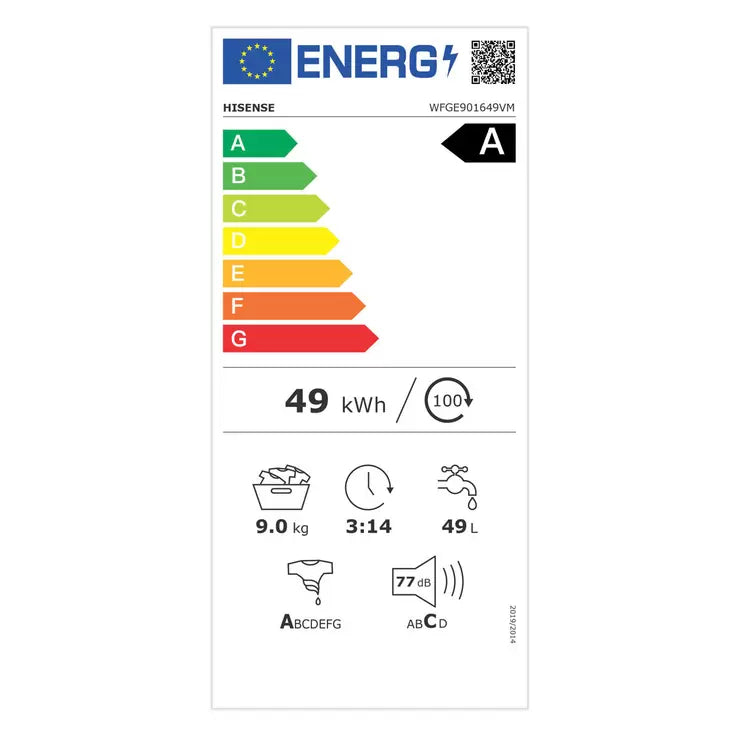 Hisense WFGE901649VM, 9kg, 1600rpm Washing Machine, A Rated in White