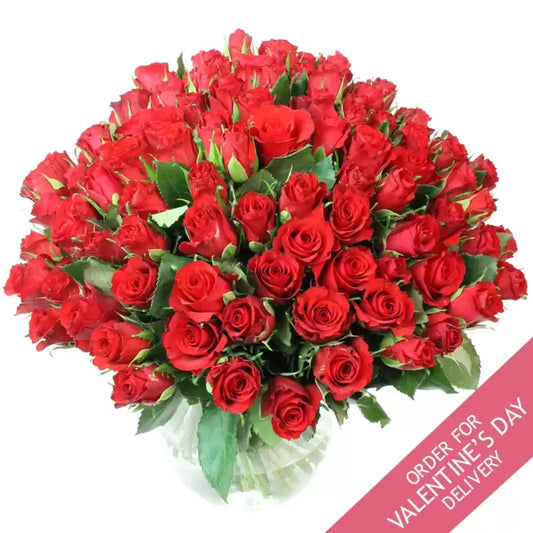 Valentine's 100 Stem Kenyan Red Calypso Roses Flower Bouquet