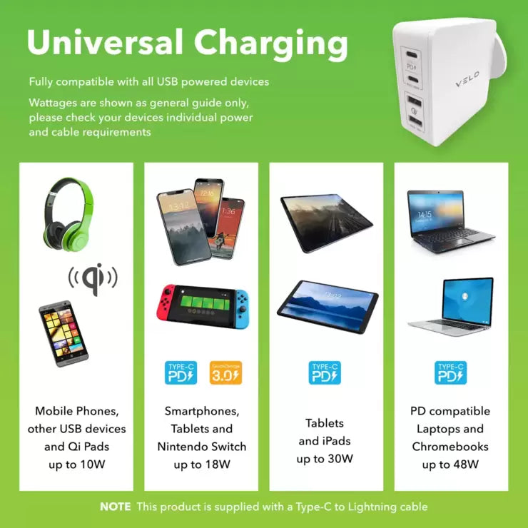VELD Super-Fast Max 66W 4 Port Wall Charger with 1m Super-Fast Lightning Cable