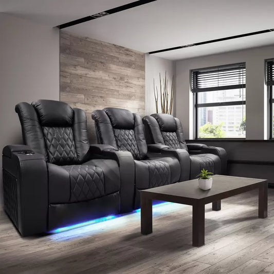 Valencia Tuscany Row of 3 Black Leather Power Reclining Home Theatre Seating