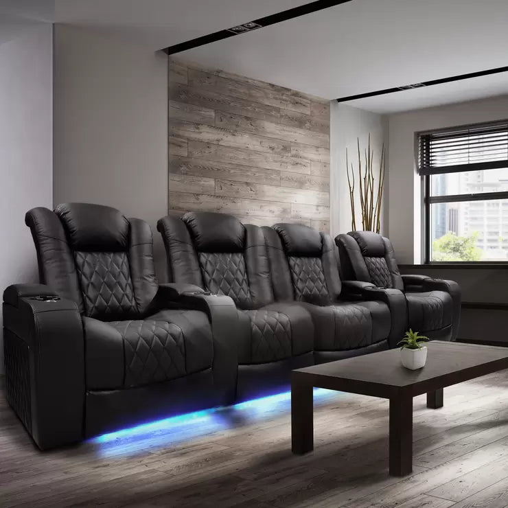 Valencia Tuscany Row of 4 Black Leather Power Reclining Home Theatre Seating with Sofa Centre