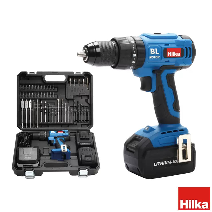 Hilka 18v Brushless Combi Drill Package with Two 4.0Ah Batteries and 50 Accessories