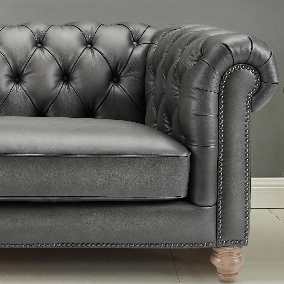 Allington 2 Seater Grey Leather Chesterfield Sofa - Signature Retail Stores