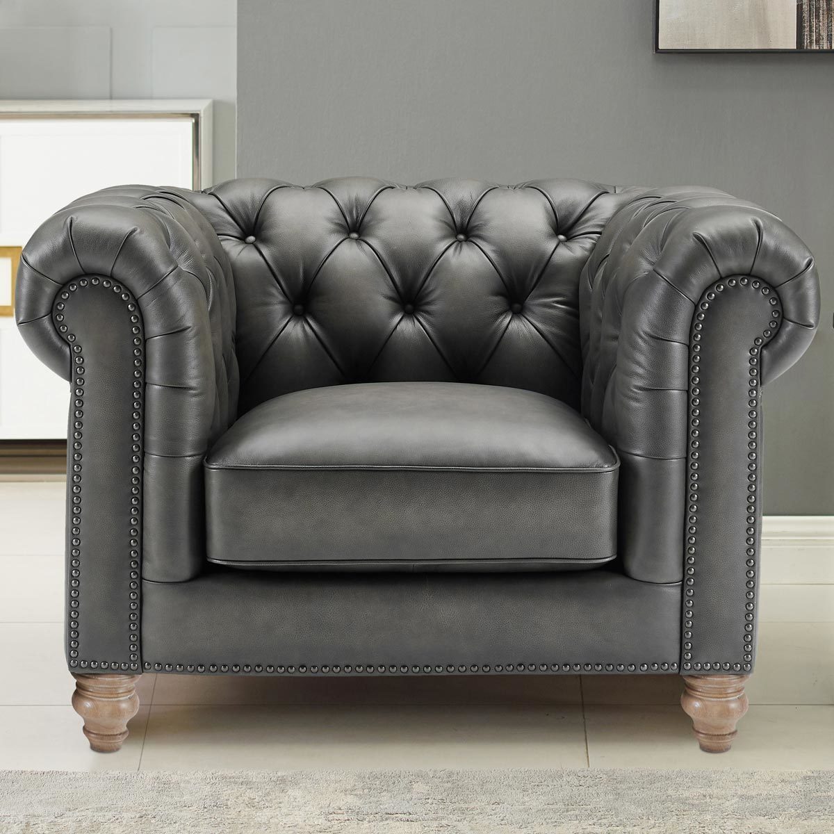 Allington Grey Leather Chesterfield Armchair - Signature Retail Stores