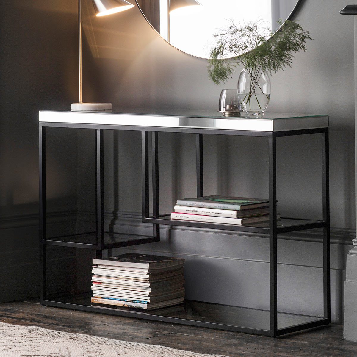 Pippard Console Table with Mirrored Top, Satin Black - Signature Retail Stores