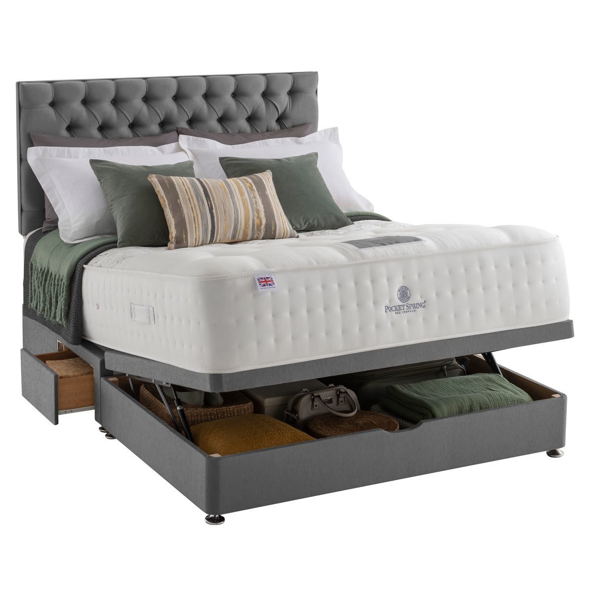 Pocket Spring Bed Company Mulberry Mattress & Grey Ottoman Divan in 3 Sizes - Signature Retail Stores