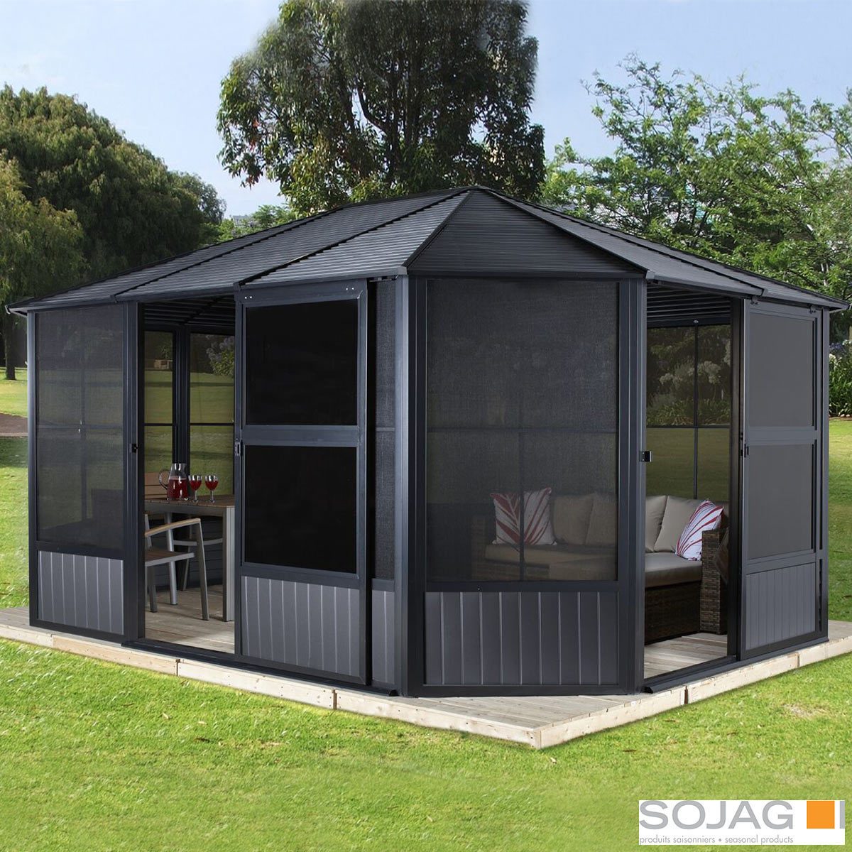 Sojag Charleston 12ft x 12ft (3.67 x 3.67m) Aluminium Frame Solarium With Galvanised Steel Roof + Two Sliding Doors with PVC Windows + Insect Netting - Signature Retail Stores